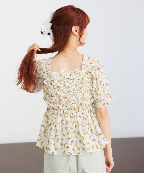 22SS MURRAL Framed flower top ブラウス Tシャツ セール】 【ウォッシャブル】シャドーフラワープリント ブラウス