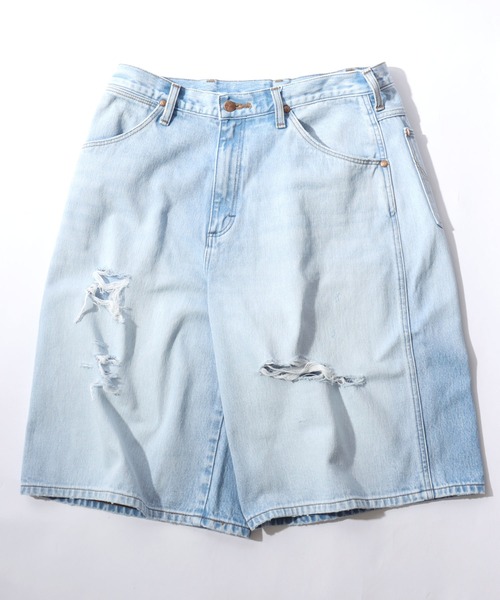 Wrangler(ラングラー)の「Wrangler(ラングラー)DENIM SHORTS/ヴィンテージウォッシュ・ダメージ加工デニムショーツ メンズ レディース ユニセックス/ジョーツ(デニムパンツ・メンズ・ライトインディゴブルー/インディゴブルー・M/L/XL/S)」の2枚目の写真