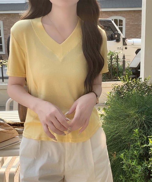 LAFFMO（ラフモ）の「Vネック半袖カットソー（Tシャツ/カットソー・レディース・ブルー/イエロー/ベージュ/グレー/ブラック/ホワイト・F）」の9枚目の写真