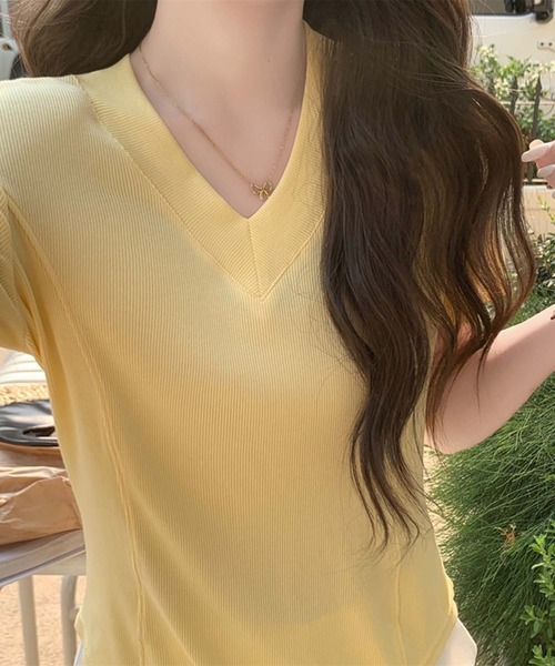 LAFFMO（ラフモ）の「Vネック半袖カットソー（Tシャツ/カットソー・レディース・ブルー/イエロー/ベージュ/グレー/ブラック/ホワイト・F）」の10枚目の写真