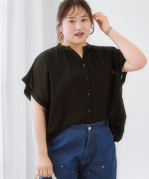 SMILE LAND(スマイルランド)の「<大きいサイズ> スキッパーデザイン裏地付ブラウス(シャツ/ブラウス・レディース・ピンク系/ブラック/ブルーグリーン/ブラック系/アイボリー系・L/LL/3L/4L/5L)」の1枚目の写真