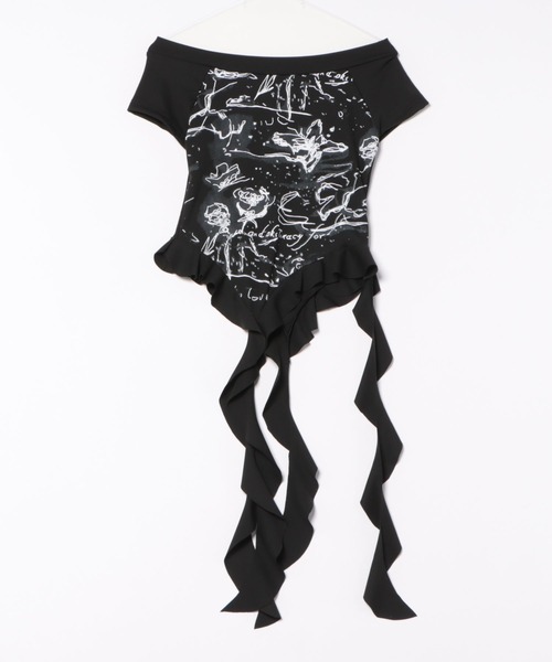 Sibra(シブラ)の「グラフィティアートオフショルダートップス(Tシャツ/カットソー・レディース・ブラック/ホワイト・M)」の3枚目の写真