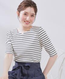 【マシンウォッシャブル・アンチピリング・二の腕カバー】ハートネックテレコ5分袖プルオーバー