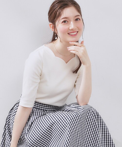 couture brooch（クチュールブローチ）の「【マシンウォッシャブル・アンチピリング・二の腕カバー】ハートネックテレコ5分袖プルオーバー（Tシャツ/カットソー・レディース・ホワイト系5/オフホワイト/ブラック・38/40/42/36）」の8枚目の写真