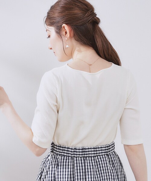 couture brooch（クチュールブローチ）の「【マシンウォッシャブル・アンチピリング・二の腕カバー】ハートネックテレコ5分袖プルオーバー（Tシャツ/カットソー・レディース・ホワイト系5/オフホワイト/ブラック・38/40/42/36）」の10枚目の写真