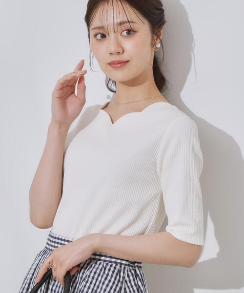 couture brooch（クチュールブローチ）の「【マシンウォッシャブル・アンチピリング・二の腕カバー】ハートネックテレコ5分袖プルオーバー（Tシャツ/カットソー・レディース・ホワイト系5/オフホワイト/ブラック・38/40/42/36）」の12枚目の写真