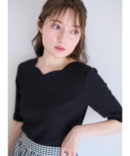 couture brooch（クチュールブローチ）の「【マシンウォッシャブル・アンチピリング・二の腕カバー】ハートネックテレコ5分袖プルオーバー（Tシャツ/カットソー・レディース・ホワイト系5/オフホワイト/ブラック・38/40/42/36）」の21枚目の写真