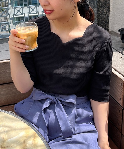 couture brooch（クチュールブローチ）の「【マシンウォッシャブル・アンチピリング・二の腕カバー】ハートネックテレコ5分袖プルオーバー（Tシャツ/カットソー・レディース・ホワイト系5/オフホワイト/ブラック・38/40/42/36）」の3枚目の写真