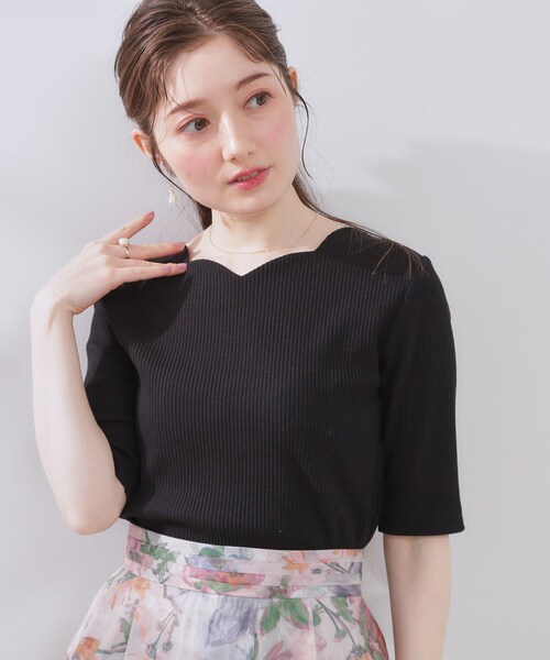 couture brooch（クチュールブローチ）の「【マシンウォッシャブル・アンチピリング・二の腕カバー】ハートネックテレコ5分袖プルオーバー（Tシャツ/カットソー・レディース・ホワイト系5/オフホワイト/ブラック・38/40/42/36）」の4枚目の写真