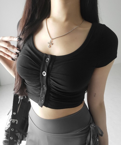 me+em select(ミームセレクト)の「【 3color 】フロントボタンスクエアネックギャザースリムTシャツ / front button square neck gather slim T-shirt(Tシャツ/カットソー・レディース・ホワイト/グレー/ブラック・FREE)」の20枚目の写真