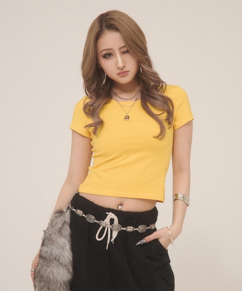 d.i.a.(ダイヤ)の「バックレースコンパクトTシャツ(Tシャツ/カットソー・レディース・モカ/ブラック×ホワイト/イエロー/ブルー/ホワイト/ブラック・SMALL/MEDIUM)」の1枚目の写真