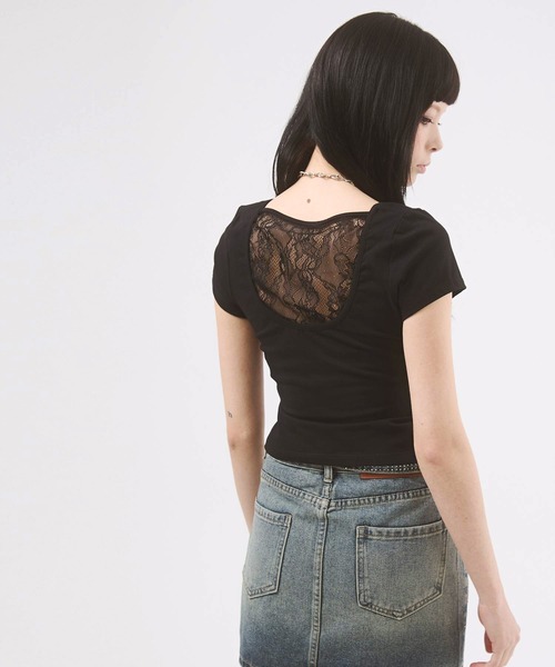 d.i.a.(ダイヤ)の「バックレースコンパクトTシャツ(Tシャツ/カットソー・レディース・モカ/ブラック×ホワイト/イエロー/ブルー/ホワイト/ブラック・SMALL/MEDIUM)」の3枚目の写真