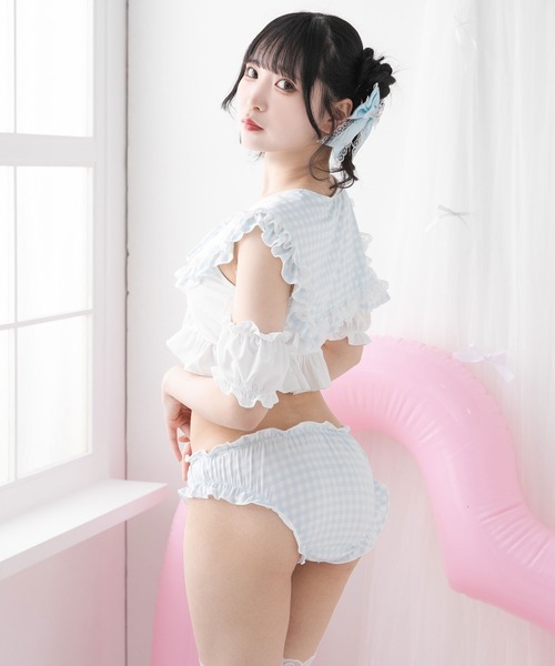 DearMyLove（ディアマイラブ）の「ときめきハートレースフリルセーラー水着（水着・レディース・ブラック×ピンク/サックスブルー/ネイビー/チェック/ピンク/ブラック×ホワイト・MEDIUM/LARGE/LL）」の17枚目の写真