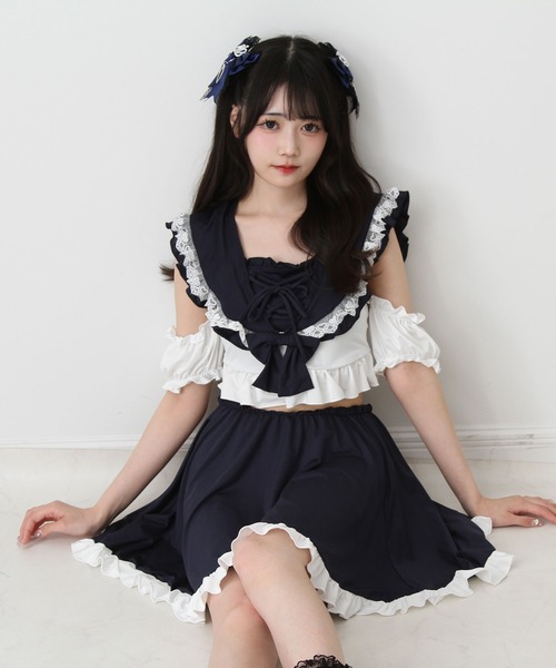 DearMyLove（ディアマイラブ）の「ときめきハートレースフリルセーラー水着（水着・レディース・ブラック×ピンク/サックスブルー/ネイビー/チェック/ピンク/ブラック×ホワイト・MEDIUM/LARGE/LL）」の20枚目の写真