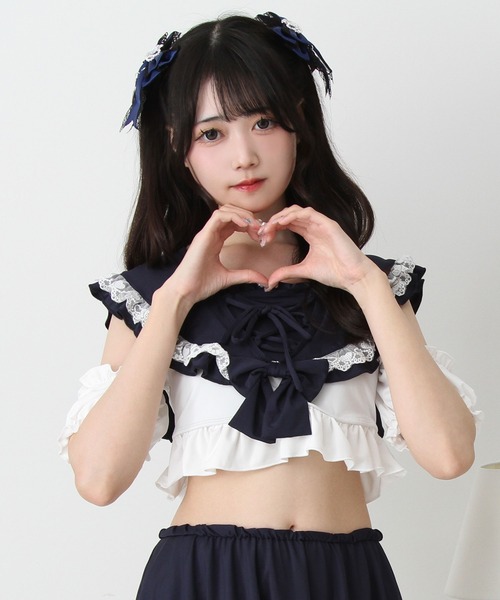 DearMyLove（ディアマイラブ）の「ときめきハートレースフリルセーラー水着（水着・レディース・ブラック×ピンク/サックスブルー/ネイビー/チェック/ピンク/ブラック×ホワイト・MEDIUM/LARGE/LL）」の21枚目の写真