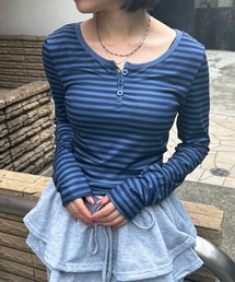 HALEY PESCA/ヘンリーネック　ボーダー柄クロップド長袖カットソー　ロンT