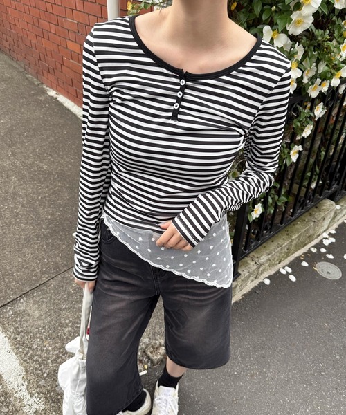 HALEY PESCA（ヘーリーペスカ）の「HALEY PESCA/ヘンリーネック　ボーダー柄クロップド長袖カットソー　ロンT（Tシャツ/カットソー・レディース・ブラック/ブルー・MEDIUM/SMALL）」の21枚目の写真