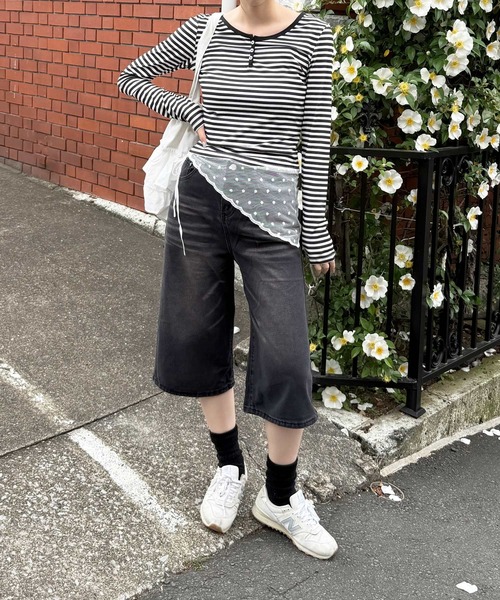 HALEY PESCA（ヘーリーペスカ）の「HALEY PESCA/ヘンリーネック　ボーダー柄クロップド長袖カットソー　ロンT（Tシャツ/カットソー・レディース・ブラック/ブルー・MEDIUM/SMALL）」の15枚目の写真