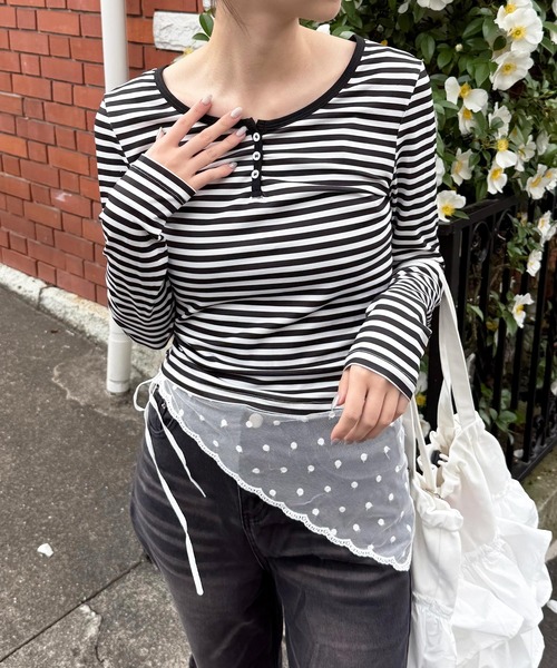 HALEY PESCA（ヘーリーペスカ）の「HALEY PESCA/ヘンリーネック　ボーダー柄クロップド長袖カットソー　ロンT（Tシャツ/カットソー・レディース・ブラック/ブルー・MEDIUM/SMALL）」の16枚目の写真