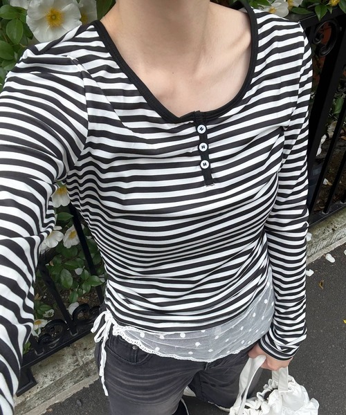 HALEY PESCA（ヘーリーペスカ）の「HALEY PESCA/ヘンリーネック　ボーダー柄クロップド長袖カットソー　ロンT（Tシャツ/カットソー・レディース・ブラック/ブルー・MEDIUM/SMALL）」の17枚目の写真