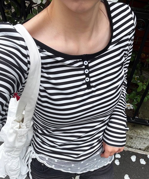 HALEY PESCA（ヘーリーペスカ）の「HALEY PESCA/ヘンリーネック　ボーダー柄クロップド長袖カットソー　ロンT（Tシャツ/カットソー・レディース・ブラック/ブルー・MEDIUM/SMALL）」の18枚目の写真