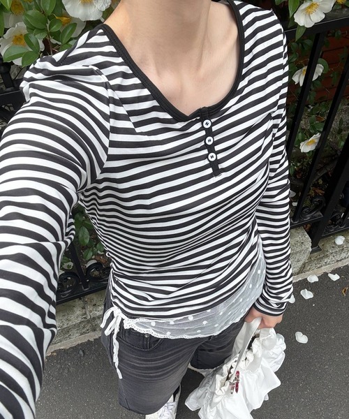 HALEY PESCA（ヘーリーペスカ）の「HALEY PESCA/ヘンリーネック　ボーダー柄クロップド長袖カットソー　ロンT（Tシャツ/カットソー・レディース・ブラック/ブルー・MEDIUM/SMALL）」の20枚目の写真