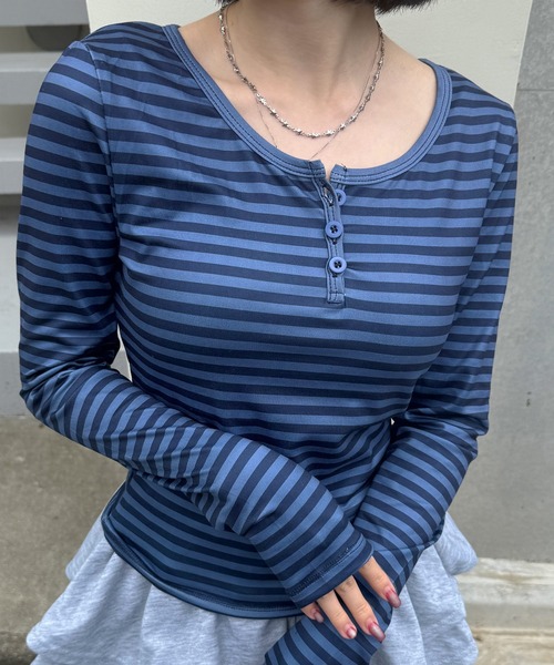 HALEY PESCA（ヘーリーペスカ）の「HALEY PESCA/ヘンリーネック　ボーダー柄クロップド長袖カットソー　ロンT（Tシャツ/カットソー・レディース・ブラック/ブルー・MEDIUM/SMALL）」の4枚目の写真