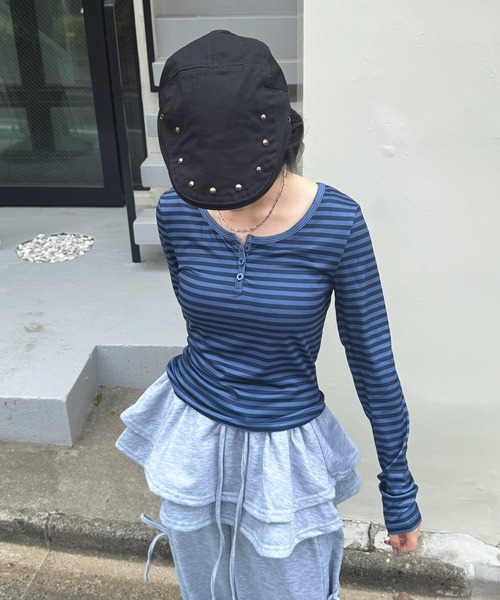 HALEY PESCA（ヘーリーペスカ）の「HALEY PESCA/ヘンリーネック　ボーダー柄クロップド長袖カットソー　ロンT（Tシャツ/カットソー・レディース・ブラック/ブルー・MEDIUM/SMALL）」の5枚目の写真