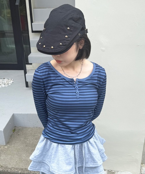 HALEY PESCA（ヘーリーペスカ）の「HALEY PESCA/ヘンリーネック　ボーダー柄クロップド長袖カットソー　ロンT（Tシャツ/カットソー・レディース・ブラック/ブルー・MEDIUM/SMALL）」の6枚目の写真