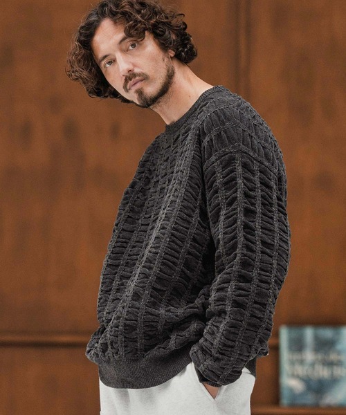 CAMBIO(カンビオ)の「mn3137-Floating Jacquard Mole Knit Crew Neck Pullover プルオーバーニット(ニット/セーター・メンズ・カーキ/ブラック/チャコール/キナリ・S/M/L)」の2枚目の写真
