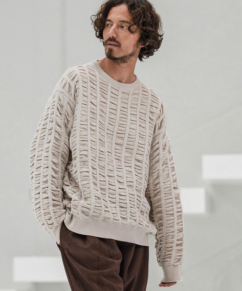 CAMBIO(カンビオ)の「mn3137-Floating Jacquard Mole Knit Crew Neck Pullover プルオーバーニット(ニット/セーター・メンズ・カーキ/ブラック/チャコール/キナリ・S/M/L)」の1枚目の写真