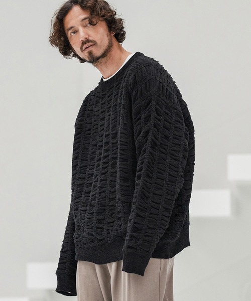 CAMBIO(カンビオ)の「mn3137-Floating Jacquard Mole Knit Crew Neck Pullover プルオーバーニット(ニット/セーター・メンズ・カーキ/ブラック/チャコール/キナリ・S/M/L)」の10枚目の写真