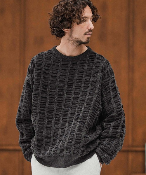 CAMBIO(カンビオ)の「mn3137-Floating Jacquard Mole Knit Crew Neck Pullover プルオーバーニット(ニット/セーター・メンズ・カーキ/ブラック/チャコール/キナリ・S/M/L)」の15枚目の写真