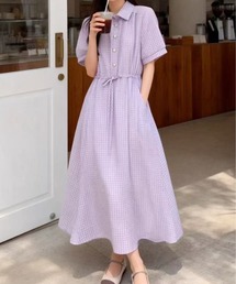 FINEnough（ファインナフ）の「ヘンリーネックギンガムチェックロングシャツワンピース　裏地付き（ワンピース）」