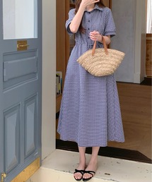 FINEnough（ファインナフ）の「シャツ衿ヘンリーネックギンガムチェックロングワンピース 裏地付き（ワンピース）」