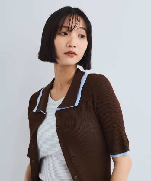 VICKY（ビッキー）の「麻調配色ポロニットカーディガン≪手洗い可能≫（ニット/セーター・レディース・オフホワイト/ブラウン・M）」の2枚目の写真