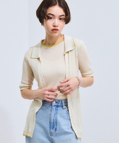 VICKY（ビッキー）の「麻調配色ポロニットカーディガン≪手洗い可能≫（ニット/セーター・レディース・オフホワイト/ブラウン・M）」の3枚目の写真