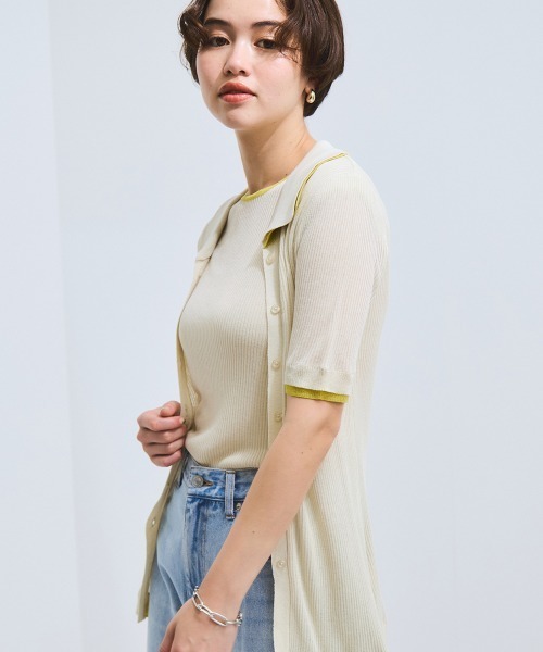 VICKY（ビッキー）の「麻調配色ポロニットカーディガン≪手洗い可能≫（ニット/セーター・レディース・オフホワイト/ブラウン・M）」の4枚目の写真