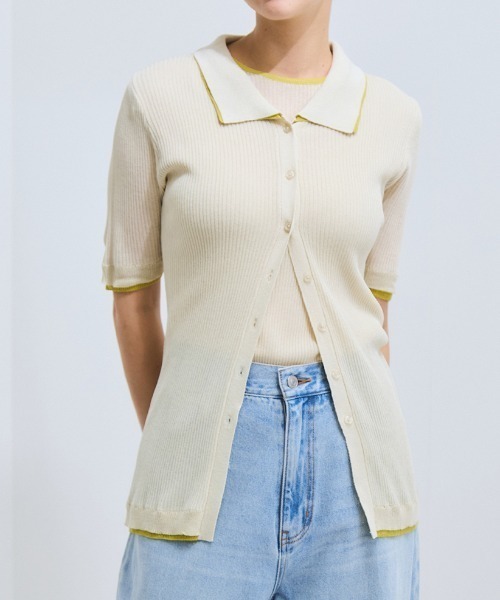 VICKY（ビッキー）の「麻調配色ポロニットカーディガン≪手洗い可能≫（ニット/セーター・レディース・オフホワイト/ブラウン・M）」の6枚目の写真