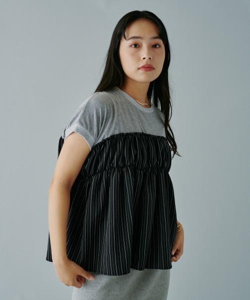 terrace(テラス)の「ヘリンボーンストライプドッキングプルオーバー(Tシャツ/カットソー・レディース・ホワイト系/ブラック系/グレー系・MEDIUM)」の1枚目の写真