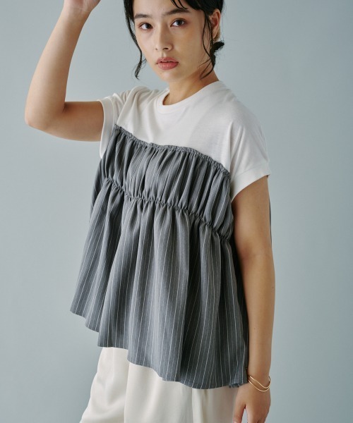 terrace(テラス)の「ヘリンボーンストライプドッキングプルオーバー(Tシャツ/カットソー・レディース・ホワイト系/ブラック系/グレー系・MEDIUM)」の4枚目の写真