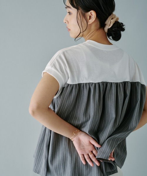 terrace(テラス)の「ヘリンボーンストライプドッキングプルオーバー(Tシャツ/カットソー・レディース・ホワイト系/ブラック系/グレー系・MEDIUM)」の6枚目の写真