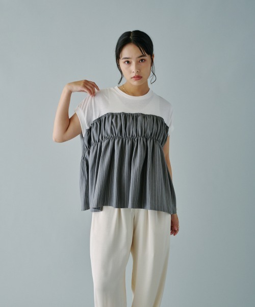terrace(テラス)の「ヘリンボーンストライプドッキングプルオーバー(Tシャツ/カットソー・レディース・ホワイト系/ブラック系/グレー系・MEDIUM)」の13枚目の写真