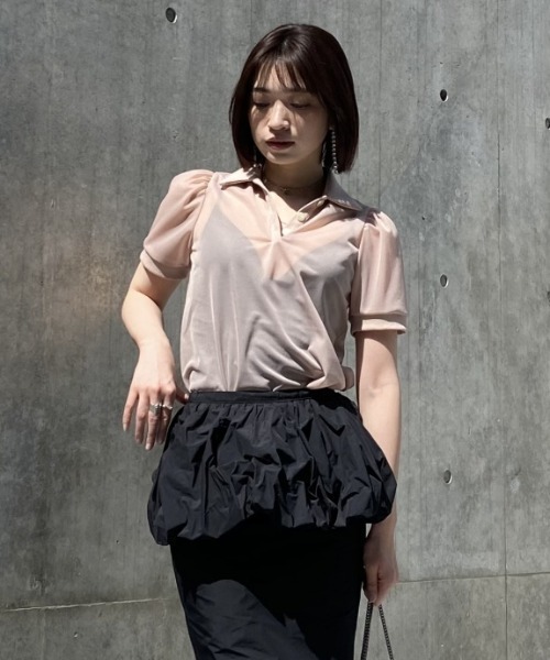 HONEY MI HONEY（ハニーミーハニー）の「sheer chiffon polo tops（シャツ/ブラウス・レディース・ピンクベージュ/ブラック・FREE）」の7枚目の写真