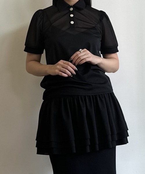 HONEY MI HONEY（ハニーミーハニー）の「sheer chiffon polo tops（シャツ/ブラウス・レディース・ピンクベージュ/ブラック・FREE）」の10枚目の写真
