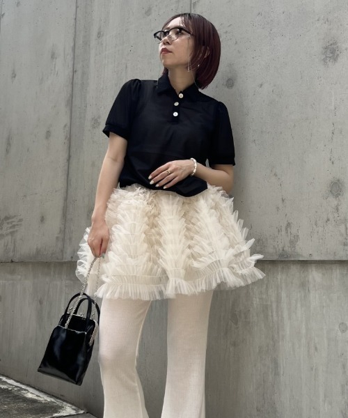 HONEY MI HONEY（ハニーミーハニー）の「sheer chiffon polo tops（シャツ/ブラウス・レディース・ピンクベージュ/ブラック・FREE）」の11枚目の写真