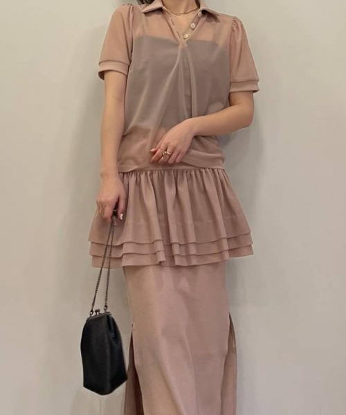 HONEY MI HONEY（ハニーミーハニー）の「sheer chiffon polo tops（シャツ/ブラウス・レディース・ピンクベージュ/ブラック・FREE）」の6枚目の写真