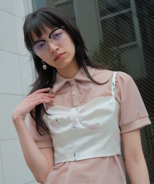 HONEY MI HONEY（ハニーミーハニー）の「sheer chiffon polo tops（シャツ/ブラウス・レディース・ピンクベージュ/ブラック・FREE）」の9枚目の写真