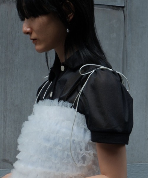 HONEY MI HONEY（ハニーミーハニー）の「sheer chiffon polo tops（シャツ/ブラウス・レディース・ピンクベージュ/ブラック・FREE）」の12枚目の写真