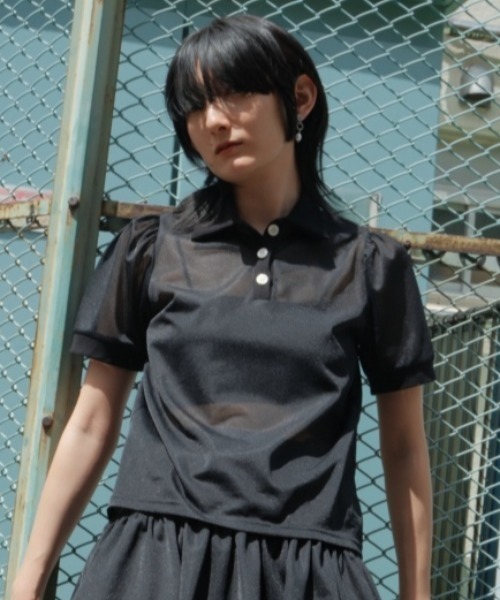 HONEY MI HONEY（ハニーミーハニー）の「sheer chiffon polo tops（シャツ/ブラウス・レディース・ピンクベージュ/ブラック・FREE）」の15枚目の写真